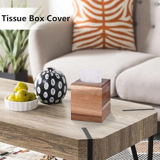 KYDIFS Tissue Box Cover Square, Acacia Wood Tissue Box Holder with Slide-Out Bottom, Wooden Tissue Box Cover Cube for Bathroom, Bedroom, Dinner Table, Office,Kitchen