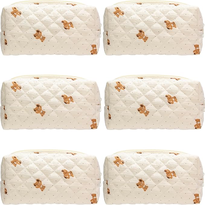 PAZIMIIK Small Quilted Makeup Bag,Zipper Cosmetic Pouch,Gauze Bear,6 Pack
