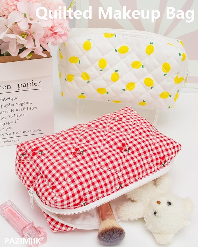 PAZIMIIK Small Quilted Makeup Bag,Zipper Cosmetic Pouch,Gingham Red Cherry