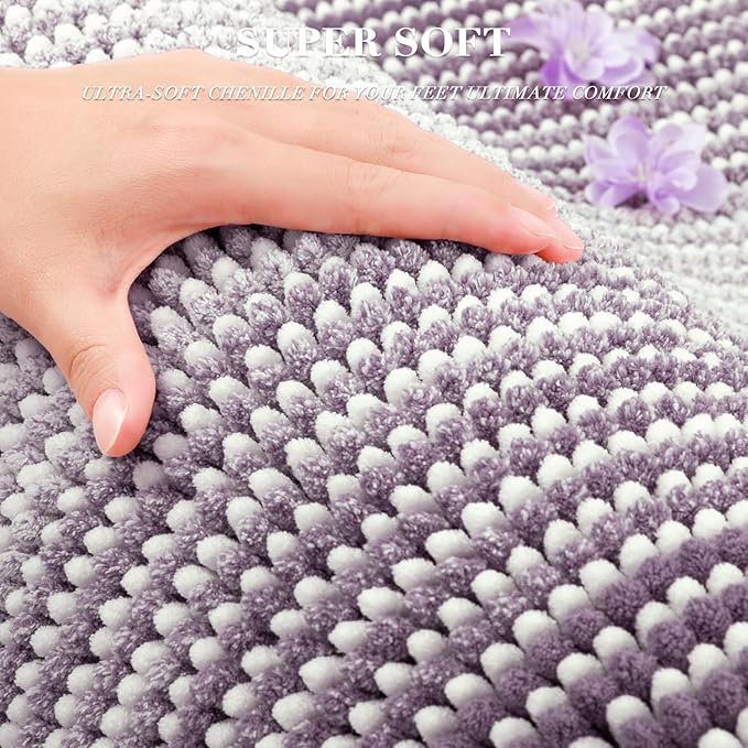 Bathroom Rugs and Mats Sets, 2 Piece Thick Absorbent Chenille Bath Mat Rug Set Non Slip, Soft Shaggy Bath Room Floor Mats for Bathroom, Machine Washable (Lavender Purple, 20" x 60" Plus 20" x 32")