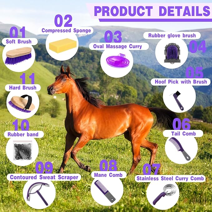 Abbylike 12 Pieces Horse Grooming Kit with Organizer Tote Bag Tack Room Supplies Horse Brush Sets Equine Care Cleaning Kit Shedding Grooming Massaging Tools(Grey and Purple)