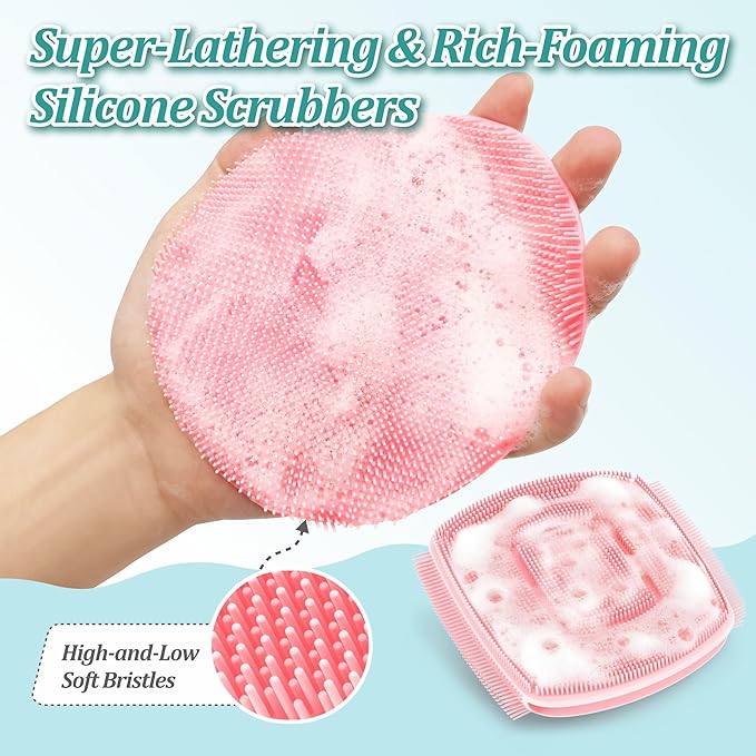 Silicone Bath Glove & Face Scrubber Set 2PCS, 360° Anti-Slip & Hand-fit Body Scrubber for Rich Foaming Deep Cleaning, Unique Facial Scrubber with Side-bristles for Contoured Areas.(Pink)