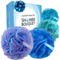 SHOWER BOUQUET Loofah Bath-Sponge XL Swirl-Deep-4-Pack // Extra Large 75g Soft Mesh Net Luffa Loofa Loufa Lufa Puff Set/Exfoliating Body Scrubber for Women and Men - Exfoliate & Soothe Face & Body