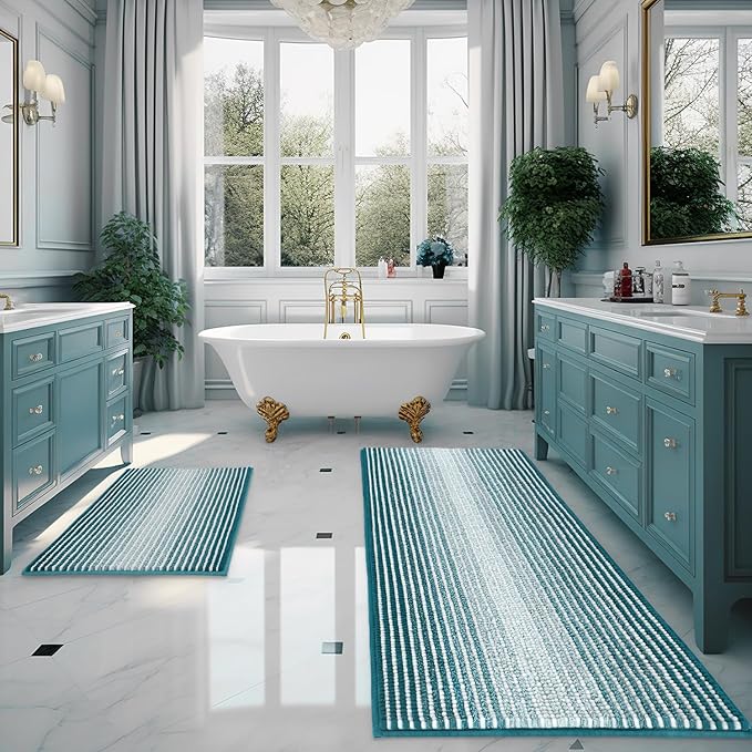 BSICPRO Bathroom Rugs and Mats Sets, 2 Piece Thick Absorbent Chenille Bath Mat Rug Set Non Slip, Soft Shaggy Bath Room Floor Mats for Bathroom, Machine Washable (20" x 60" Plus 20" x 32", Teal)