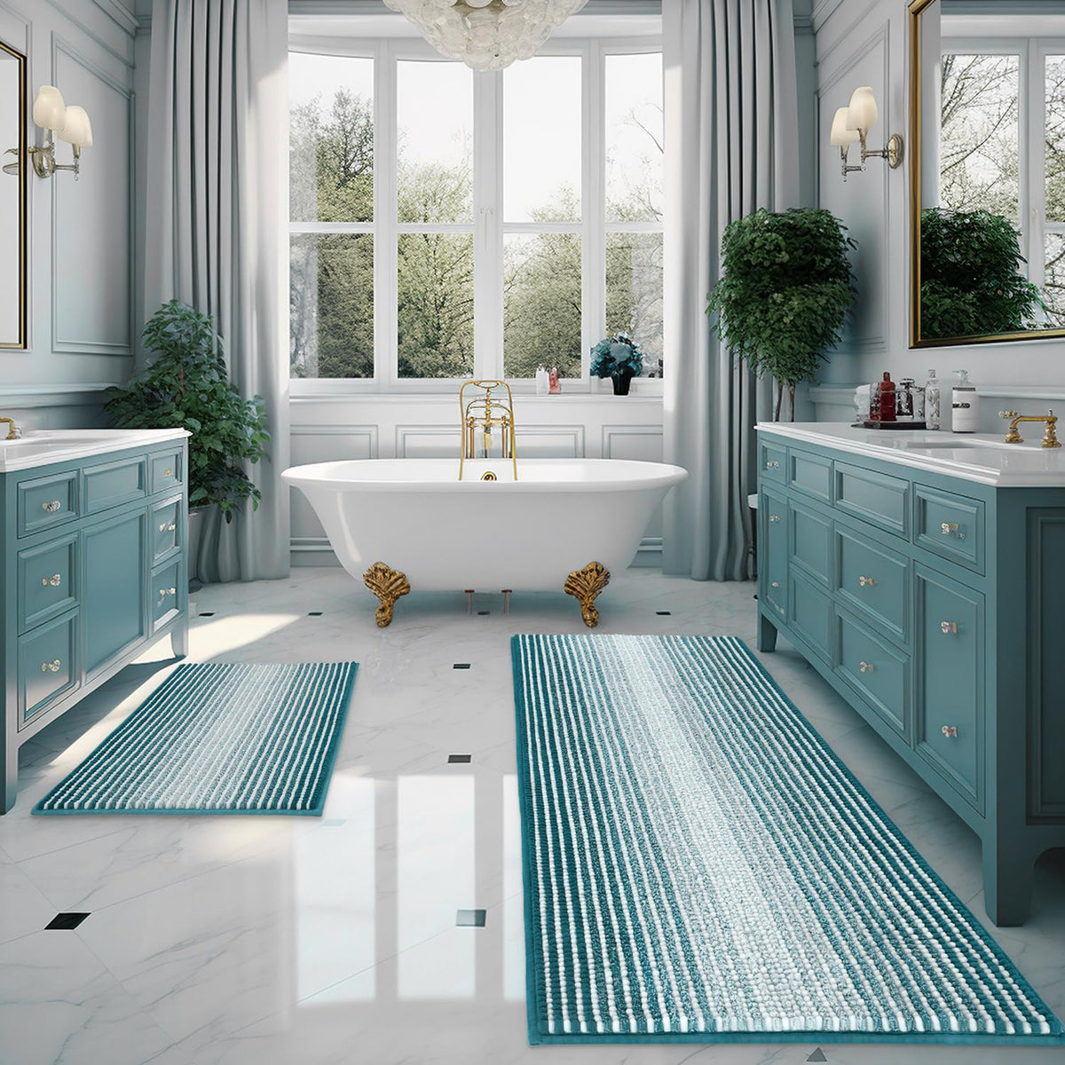 BSICPRO Bathroom Rugs Sets 2 Piece, Non Slip Striped Bath Mats, Black