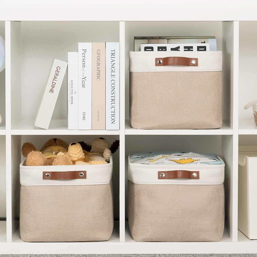 HNZIGE Fabric Storage Baskets for Shelves, Large Collapsible Storage Baskets for Organizing, Decorative Baskets Bins Set with Handles for Closet, Clothes,Home (3 Pack, White&Khaki,15" x 11" x 9.5")