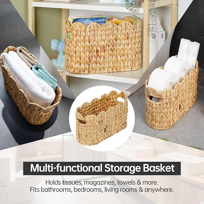 Coeusy Toilet Paper Storage Basket,Scalloped Wicker Basket for Bathroom Organizers and Storage,Hand-Woven Rattan Bathroom Decor Accessories,Natural Water Hyacinth