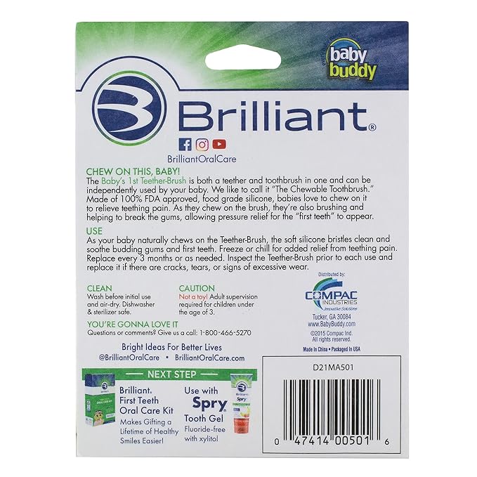 Brilliant Baby’s First Toothbrush & Teether - Dentist Recommended, Freezer-Safe Silicone for Ages 4+ Months, Teething Relief + Dental Care, Dishwasher Safe, Blue