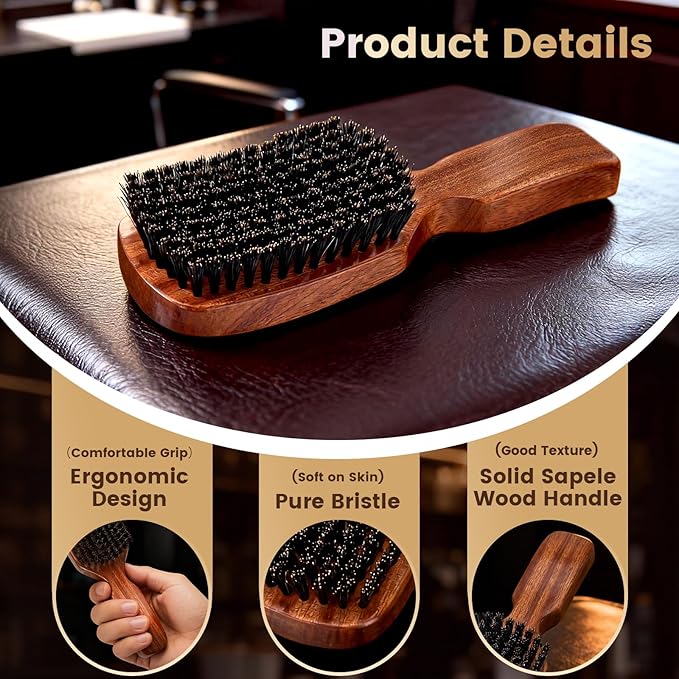 Boar Bristle Beard Brush, Sapele Wood Hair & Beard Grooming Brush
