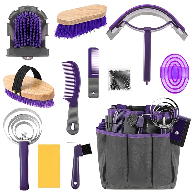 Abbylike 12 Pieces Horse Grooming Kit with Organizer Tote Bag Tack Room Supplies Horse Brush Sets Equine Care Cleaning Kit Shedding Grooming Massaging Tools(Grey and Purple)