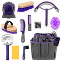 Abbylike 12 Pieces Horse Grooming Kit with Organizer Tote Bag Tack Room Supplies Horse Brush Sets Equine Care Cleaning Kit Shedding Grooming Massaging Tools(Grey and Purple)
