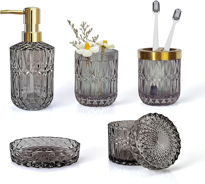 LaMarriti Clear Gold Bathroom Accessorries Set, 5Pcs Glass Bathroom Set