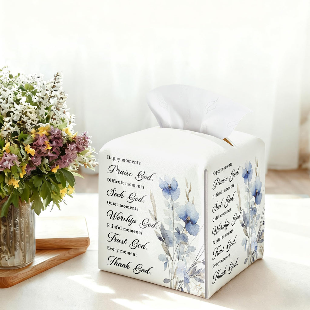 Leather Square Tissue Box Cover, Christian Floral