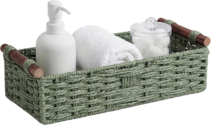 Back of Toilet Basket, Green Wicker Toilet Tank Basket for Toilet Paper Storage, Basket for Toilet Tank Top, Fresh Bathroom Organizer for Wipes & Essentials