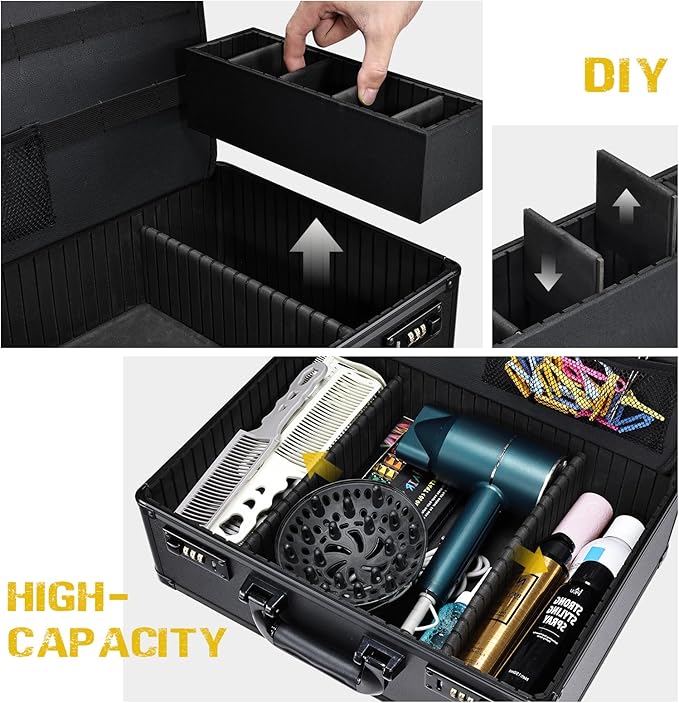 Yueieoun Barber Accessories Case, Profesional Barbers Briefcase Tool Case, Barber Cases for Clippers and Supplies, Hair Scissors Clippers Trimmer Organizer, Barbers Suitcase with Code Lock Black