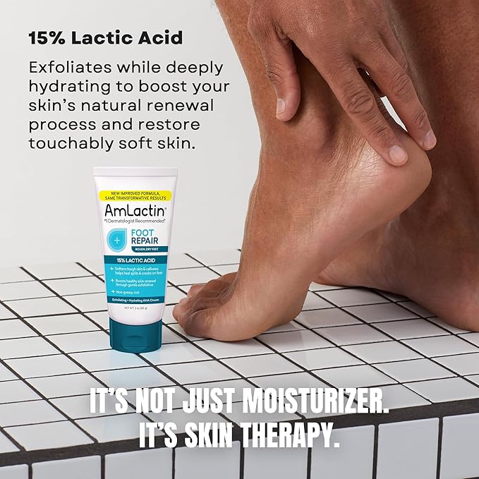 AmLactin Foot Repair Cream - Therapeutic Foot Cream for Dry Cracked Heels and Feet - Callus Softener - No-Scrub Exfoliator and Moisturizer with 15% Lactic Acid AHA - 3 oz (Packaging May Vary)