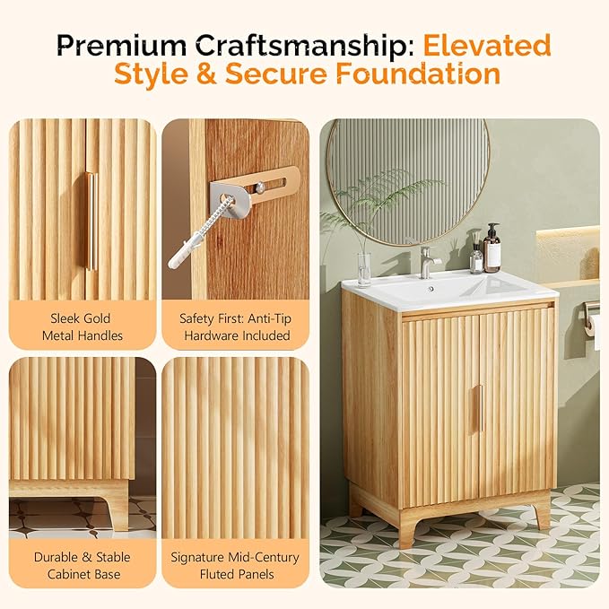 VINGLI 24 Inch Bathroom Vanity with Sink, Mid Century Modern Fluted Vanity Cabinet with Ceramic Basin, Small Free Standing Combo for Powder Room, Soft Close Doors, Natural Oak
