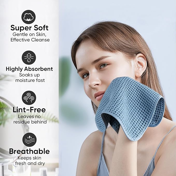 Microfiber Waffle Face Towels, 4 Pieces, Soft, Absorbent, Fast Drying, Lint Free 430 GSM (Blue)