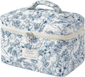 uekeboag Large Travel Quilted Makeup Bag for Women, Floral Cotton Cosmetic Bag, Coquette Aesthetic Floral Toiletry Organizer Bag(Navyblue-Flower