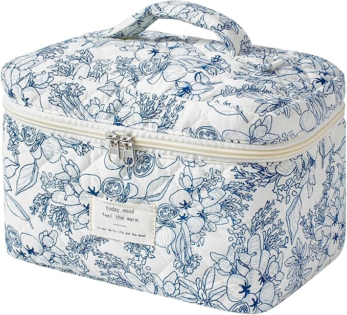 uekeboag Large Travel Quilted Makeup Bag for Women, Floral Cotton Cosmetic Bag, Coquette Aesthetic Floral Toiletry Organizer Bag(Navyblue-Flower