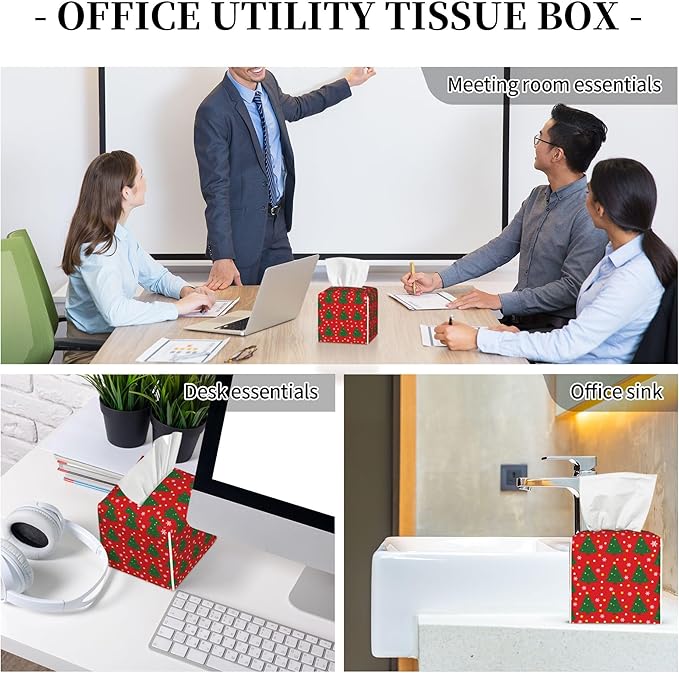 Christmas Tree and Snowflakes Tissue Box Cover Square,Red Green Christmas Pine Tree Tissue Box Holder Waterproof Leather Facial Paper Organizer Dispenser for Bathroom Home Car Nightstand Vanity Desk