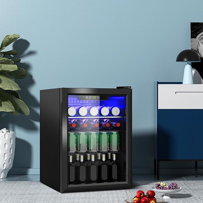 DOGHLY Beverage Refrigerator Cooler, 95 Can Mini Fridge Glass Door for Drinks Soda, Beer, or Wine - Small Refrigerator for Office Bedroom Home Bar, Adjustable Shelves, 2.6 Cu.Ft, Black