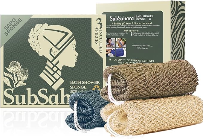 SubSahara Authentic African Net Sponge, 4 Pack 45-Inch Exfoliating Bath Sponge and Shower Loofah for Body and Back, Colorfast Quick-Dry Knotted Mesh Scrubber with Travel Pouch