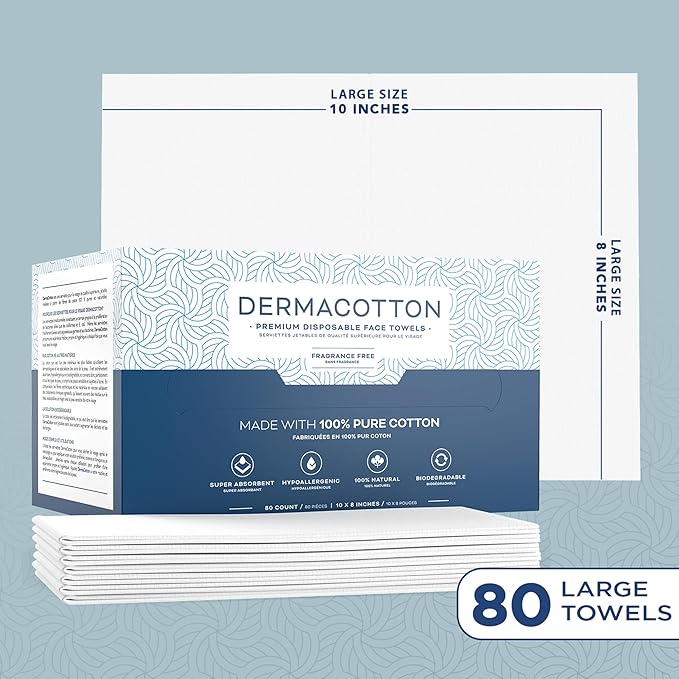 Dermacotton 100% Pure Cotton Face Towels – 80 Count Large Disposable Wash Cloths for Face Washing, Makeup Removal & Acne Care | Ultra Soft, Hypoallergenic & Fragrance-Free