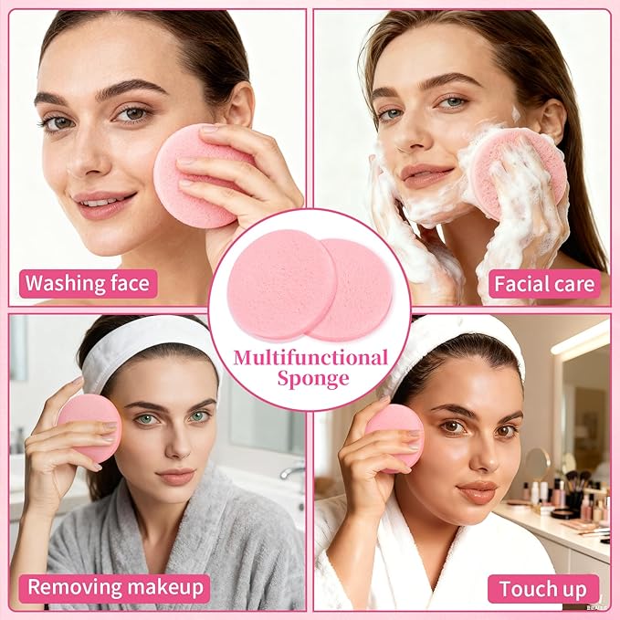 RAQEHO 60pcs Compressed Facial Sponges - Round Face Sponge Disposable Travel Facial Cleansing Pads Makeup Sponge for Face Wash Exfoliating Remover Skin Care Beauty Tool Esthetician Essential（Pink）