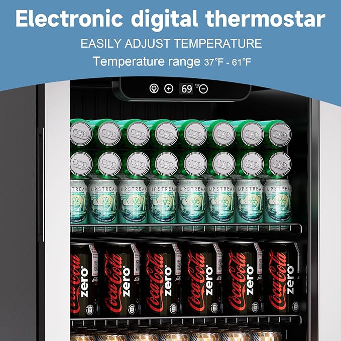 Erivess Compact Beverage Refrigerator,110 Can/3.1 Cubic Feet Fridge with Glass Door for Soda, Beer Under Counter Small Refrigerator with Adjustable Shelve & LED Display(Silver)