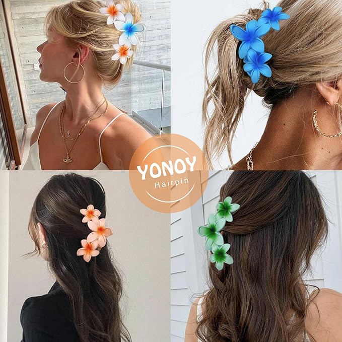 YONOY 6Pcs Flower Hair Clips for Women,Non-Slip Matte Flower Hair Clips for Women,Hawaiian Hair Flower Clip Large Plumeria Strong Hold Hair Claws Banana Cute Clip Beach Hair Accessories