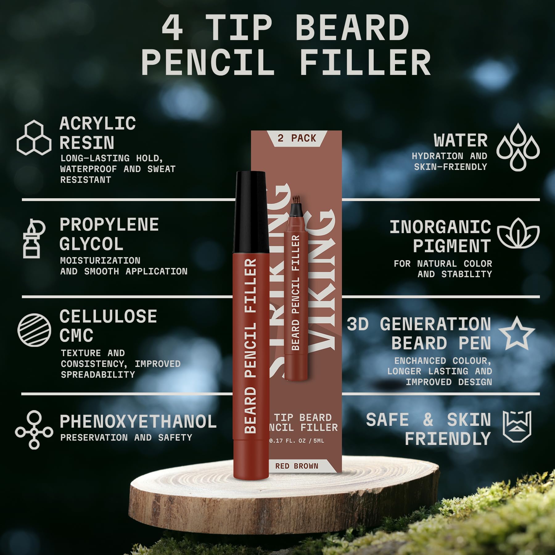 Striking Viking Beard Pencil & Bristle Brush for Men - Red Brown, 2 Pack