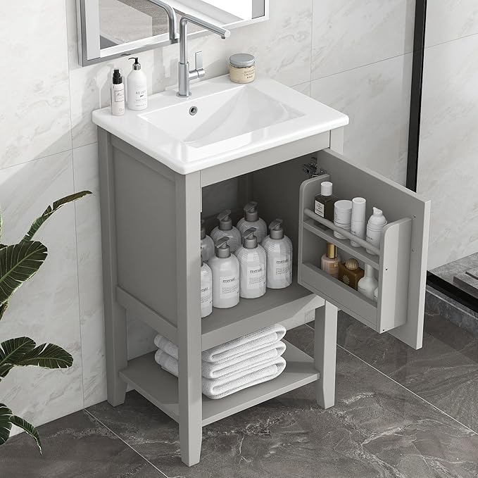Bellemave 20" Small Bathroom Vanity with Sink, Modern Bathroom Storage Cabinet with Door and Storage Rack, Free Standing Single Basin Vanity with Open Shelf, Undermount Ceramic Sink, Grey