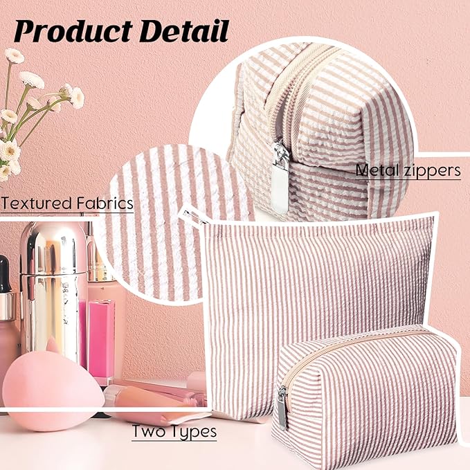2 Pcs Makeup Bag Set Cute Cosmetic Pouch for Women Seersucker Travel Toiletry Bag Preppy Small Makeup Purse Pouch Aesthetic Skincare Brushes Storage Organizer for Valentine Women(Khaki)