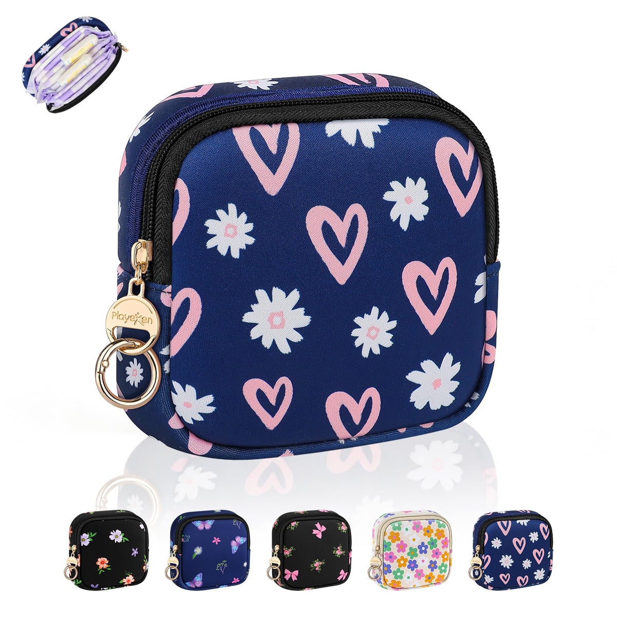 Playexen Period Bag for Teen Girls, Neoprene Cute Sanitary Napkin Storage Bag, Menstrual Pad Pouch Tampon Holder (Hearts)