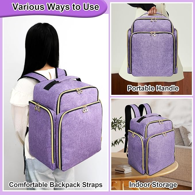 ahzske Nail Polish Organizer Backpack Holds 126 Bottles& Nail Lamp, Extra Large Nail Kit Supplies Organizer Bag with 3 Removable Cases, Portable Nail Organizers and Storage for Travel (Noble Purple)