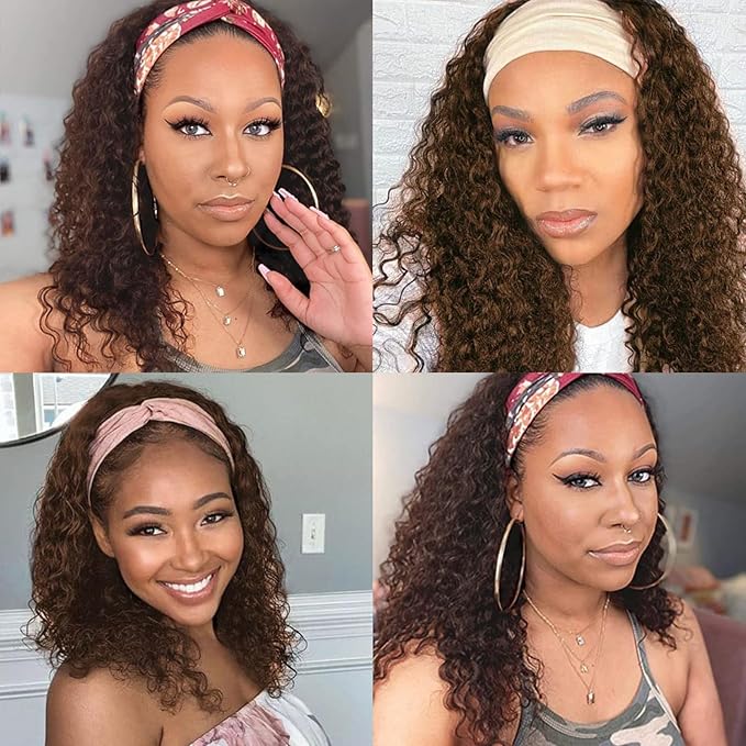 Aiterina Headband Wig Human Hair Headband Wig Deep Wave Human Hair Wigs for Black Women Glueless Human Hair Wigs Machine Made 150% Density No Lace Deep Headband Wig Chocolate Brown 22 inch