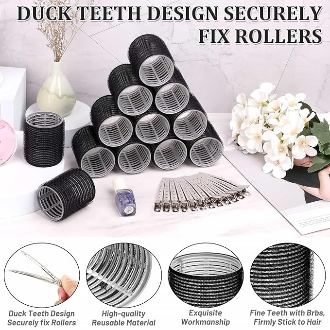 Big Self-Grip Hair Curlers Rollers with Stainless Steel Duckbill Clips for Long, Medium, Thick Hair and Bangs Volume (Black)