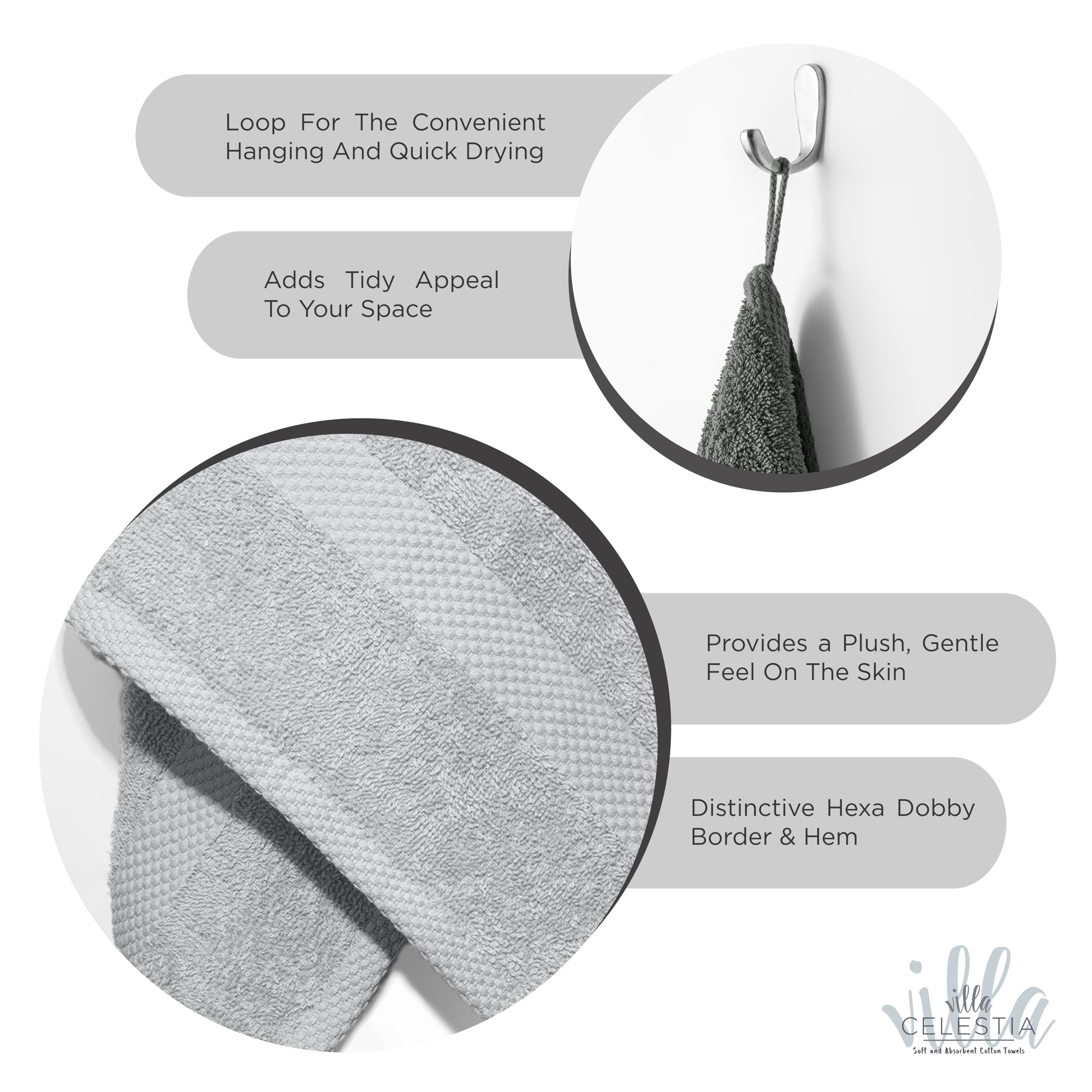 Villa Celestia Cotton Hand Towels Set of 4, 16 x 28, Oeko-TEX Certified, Quick Dry, White