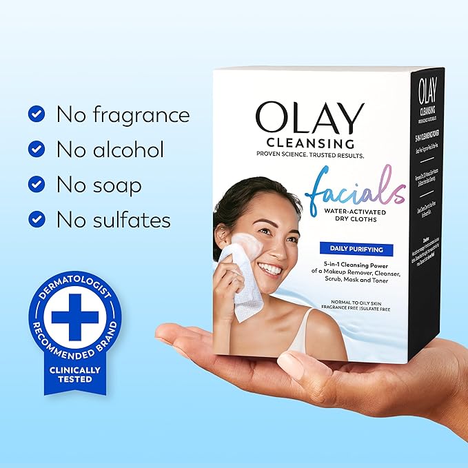 Olay Makeup Remover Wipes, Daily Facials Deep Clean Face Cleanser for Normal to Oily Skin, Alcohol & Fragrance Free, Soft Face Wash Towels, Travel Essentials for Women, Convenient Dry Cloths, 66 ct