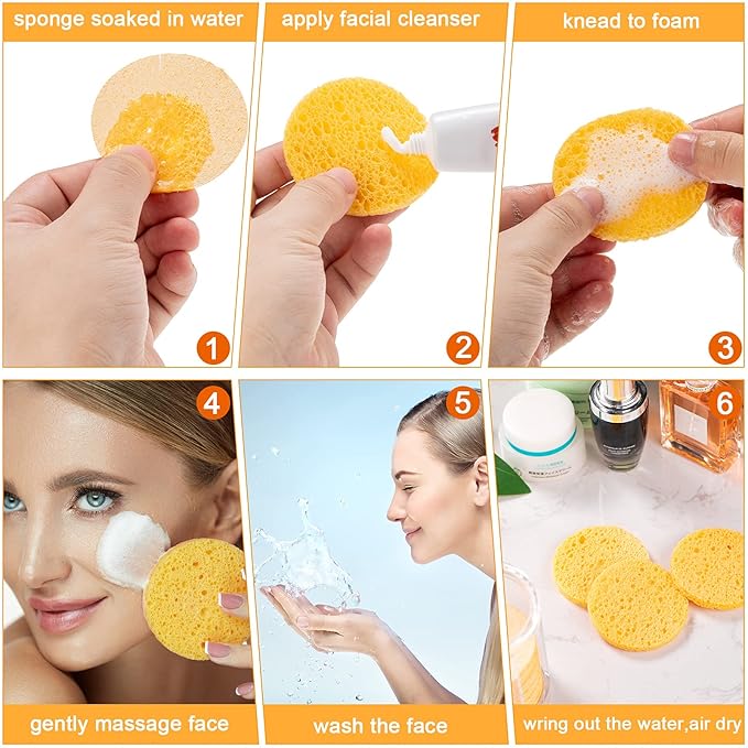 Geiserailie 50 Pcs Compressed Facial Sponges Facial Makeup Natural Cosmetic Spa Sponges for Women Cleansing, Exfoliating Mask, Makeup Removal, Dead Skin, and Dirt, Travel Accessories(Yellow)