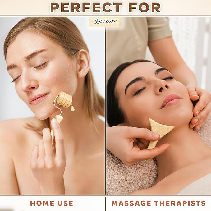 COZLOW Wood Therapy Facial Massage Tools (7 Piece Set), Gua Sha Wooden Face Massager Kit for Face Lifting, Lymphatic Drainage, Skin Care & Anti-Aging