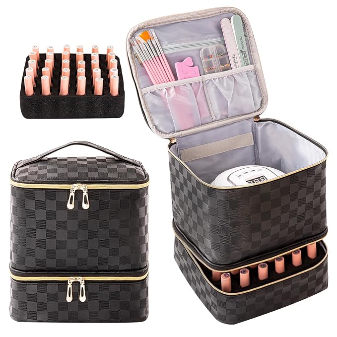 AGX Bravo Nail Polish Organizers and Storage Holds 30 Bottles & Nail Lamp Gel Nail Polish Storage Organizers for Nail Tech Carrying Case Manicure Kit Supplies Bag, Checkerboard Black (BAG ONLY)