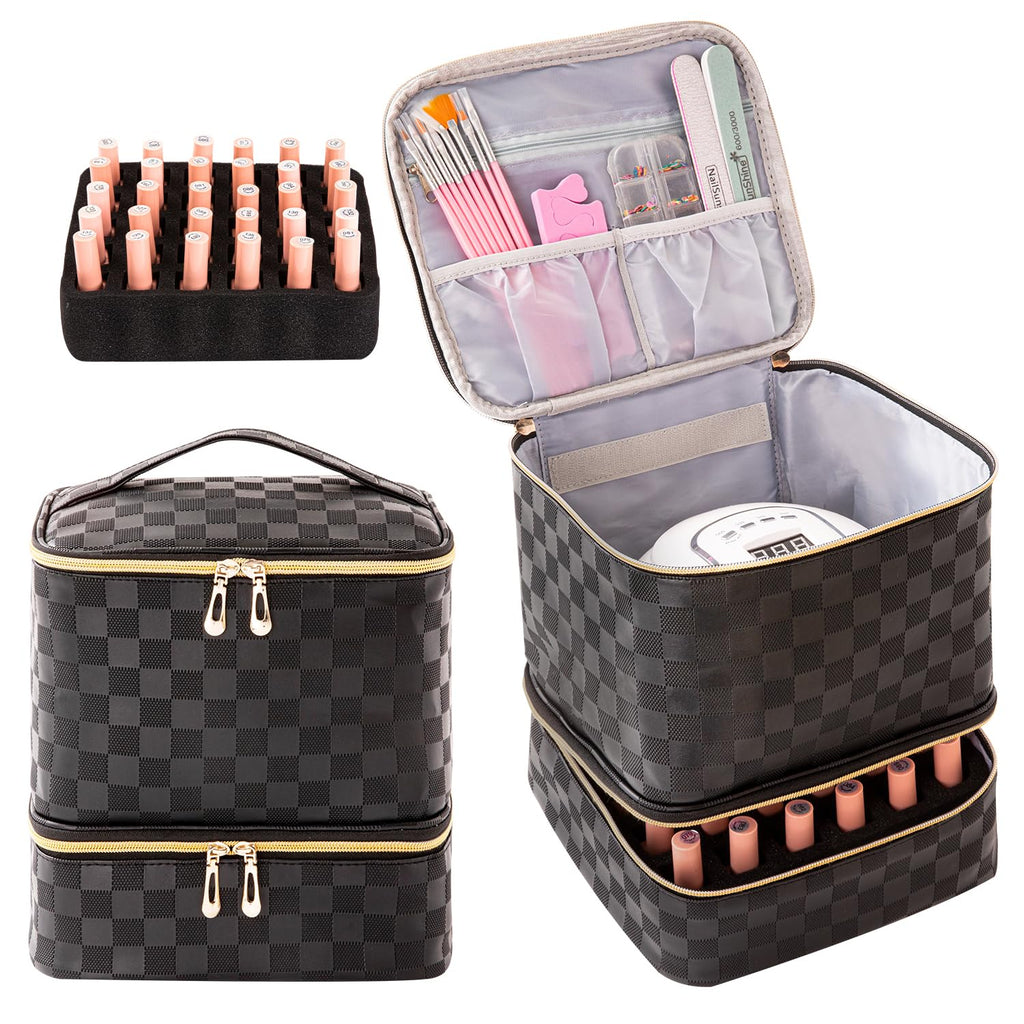 AGX Bravo Nail Polish Organizers and Storage Holds 30 Bottles & Nail Lamp Gel Nail Polish Storage Organizers for Nail Tech Carrying Case Manicure Kit Supplies Bag, Checkerboard Black (BAG ONLY)