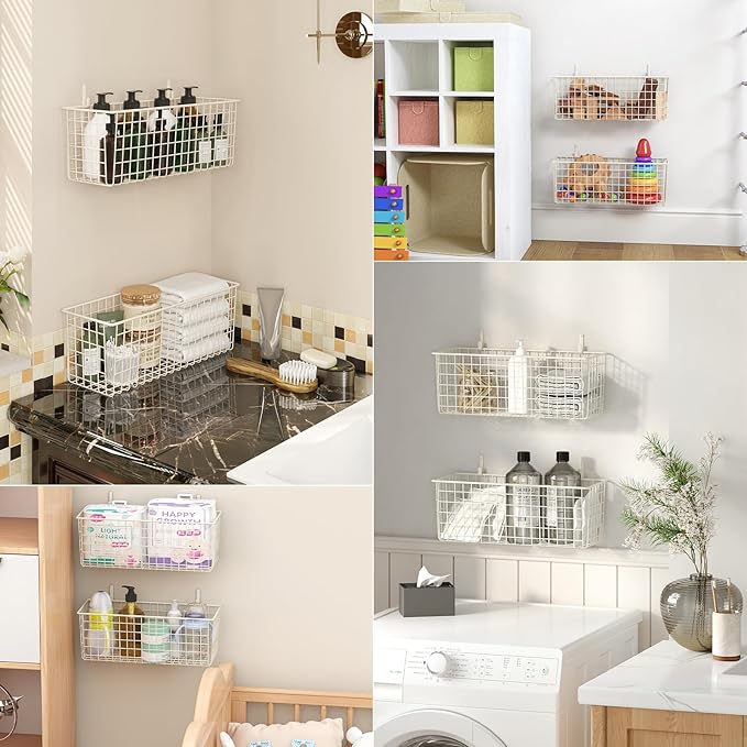 2 Sets Extra Large Hanging Wall Basket, White Metal Wire Baskets with Steel Hooks for Organizing, WallmountedFruit Vegetable Toy Snack Storage, Home Kitchen Bathroom Laundry Pantry Organizer