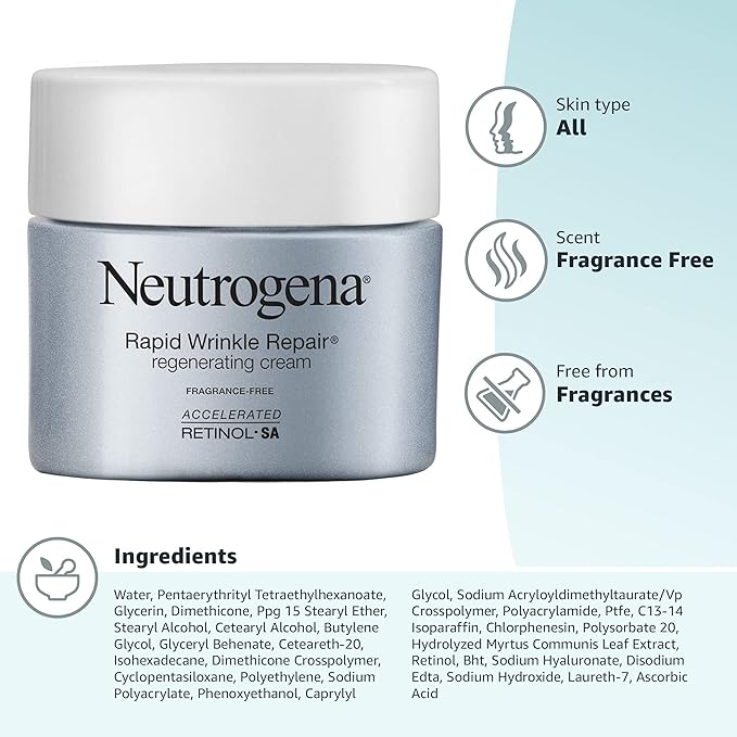 Neutrogena Rapid Wrinkle Repair Retinol Face Moisturizer, Fragrance Free, Daily Anti-Aging Face Cream with Retinol & Hyaluronic Acid to Fight Fine Lines, Wrinkles, & Dark Spots, 1.7 oz