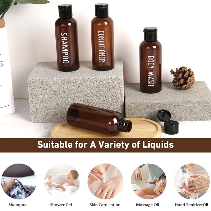 Wowang Travel Bottles for Toiletries 4 Pack 3.4oz/100ml TSA Approved Travel Size Containers Leak Proof Shampoo and Conditioner Bottles Plastic Squeeze Bottle(Brown)