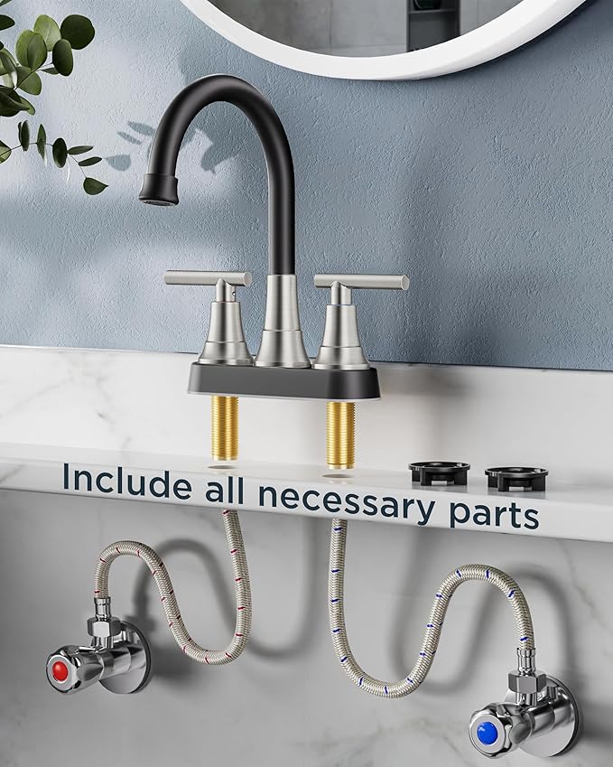FORIOUS Black and Brushed Nickel Bathroom Faucets, 4 Inch Centerset Bathroom Sink Faucet 2 or 3 Hole with Pop up Drain and cUPC Hose, Two Handles Control, 360° spout for Restroom,Vanity, Rv