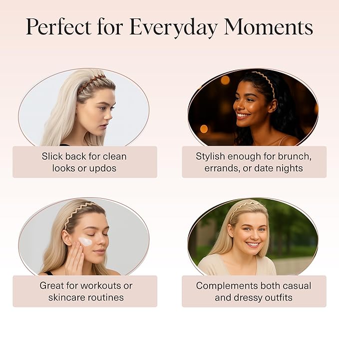 Kitsch Zig Zag Headbands for Women – Fashion Accessories for Slicked Back Styles - Comfortable Wavy Headbands | Comb Headband with Teeth - Neutral - 2 pcs