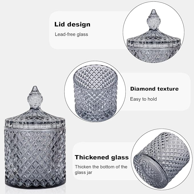 2 Pack Qtip Holder Apothecary Jars with Lid, Thick Glass, Gray